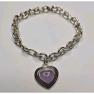 Sterling Silver 925 Lavender Jade Dangling Heart Charm Chain Bracelet 7 Inches